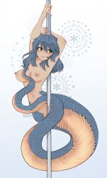 Rule 34 | 1girl, absurdres, alfyria, arms up, blue hair, breasts, fangs, female focus, green eyes, highres, lamia, long hair, monster girl, nipples, open mouth, original, pole, pole dancing, solo