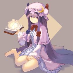 Rule 34 | 1girl, absurdly long hair, barefoot, blue bow, blue ribbon, book, bow, bowtie, breasts, capelet, clenched hand, commentary request, crescent, crescent hair ornament, diamond (shape), dress, falken (yutozin), full body, grey background, hair bow, hair ornament, hat, hat ribbon, highres, holding, holding book, long hair, long sleeves, looking at viewer, medium breasts, mob cap, one-hour drawing challenge, patchouli knowledge, purple dress, purple eyes, purple hair, purple hat, red bow, red bowtie, red ribbon, ribbon, sidelocks, simple background, sitting, solo, striped clothes, striped dress, thighs, touhou, vertical-striped clothes, vertical-striped dress, very long hair, wide sleeves