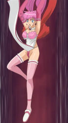 Rule 34 | 00s, antenna hair, armpits, arms up, detached collar, frilled thighhighs, frills, lingerie senshi papillon rose, papillon rose, pink hair, pink thighhighs, red hair, screencap, solo, thighhighs