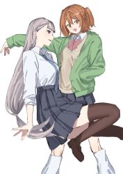 Rule 34 | 2girls, absurdres, black skirt, black thighhighs, blue eyes, blue necktie, bow, bowtie, brown sweater, commentary, contemporary, green jacket, grey hair, highres, invisible chair, jacket, kanne (sousou no frieren), lawine (sousou no frieren), long hair, long sleeves, looking at viewer, loose socks, mosa 1120, multiple girls, necktie, open mouth, orange eyes, orange hair, parted lips, pleated skirt, red bow, red bowtie, school uniform, shirt, simple background, sitting, skirt, smile, socks, sousou no frieren, sweater, thighhighs, twintails, very long hair, white background, white shirt, white socks