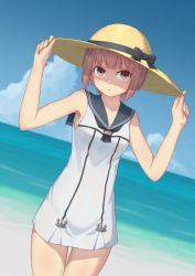 Rule 34 | 10s, 1girl, :&lt;, adapted costume, anchor, bare legs, bare shoulders, beach, blue sky, blunt bangs, bow, brown eyes, brown hair, cloud, collarbone, cowboy shot, day, dress, dutch angle, hands on headwear, hat, hat bow, hat ribbon, highres, horizon, kantai collection, looking at viewer, neckerchief, ocean, outdoors, revision, ribbon, sailor collar, sailor dress, seatollead, short dress, sky, solo, standing, sun hat, thigh gap, white dress, z3 max schultz (kancolle)