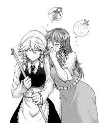 Rule 34 | &gt; &lt;, 2girls, apron, black shirt, blush, braid, breasts, broom, china dress, chinese clothes, commentary, commentary request, covering own mouth, dress, embarrassed, greyscale, hair between eyes, holding, holding broom, hong meiling, izayoi sakuya, jewelry, koyubi (littlefinger1988), large breasts, long hair, long sleeves, maid, maid apron, maid headdress, medium breasts, monochrome, multiple girls, necklace, shirt, short hair, simple background, sleeves rolled up, sweat, sweatdrop, tangzhuang, touhou, twin braids, whispering, white background, white shirt