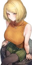 Rule 34 | 1girl, absurdres, ashley graham, bare shoulders, barrel, black pantyhose, blonde hair, blue eyes, blush, breasts, closed mouth, green skirt, highres, jewelry, large breasts, looking at viewer, marse (rokudaime), necklace, orange sweater, pantyhose, plaid, plaid skirt, resident evil, resident evil 4, resident evil 4 (remake), ribbed sweater, short hair, simple background, sitting, skirt, sleeveless, sleeveless sweater, sleeveless turtleneck, solo, sweat, sweater, torn clothes, turtleneck, turtleneck sweater, white background