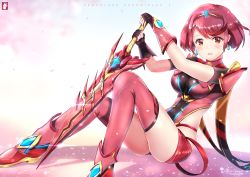 Rule 34 | 1girl, bad id, bad pixiv id, breasts, chinchongcha, earrings, fingerless gloves, gloves, highres, impossible clothes, jewelry, large breasts, leotard, looking at viewer, nintendo, open mouth, petals, pyra (xenoblade), red eyes, red hair, short hair, short shorts, shorts, sitting, solo, sword, thighhighs, tiara, weapon, white background, xenoblade chronicles (series), xenoblade chronicles 2, xenoblade chronicles (series), xenoblade chronicles 2