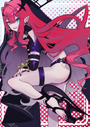 1girl baobhan_sith_(fate) baobhan_sith_(second_ascension)_(fate) black_nails black_panties bracelet detached_sleeves earrings fangs fate/grand_order fate_(series) from_side grey_eyes high_heels hoop_earrings jewelry knee_up long_hair looking_at_viewer open_mouth panties pink_hair pointy_ears revealing_clothes seinaru_wakamono sidelocks smile solo spiked_bracelet spikes standing standing_on_one_leg thigh_strap underwear veil