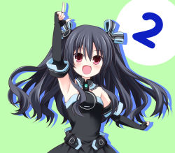 Rule 34 | 10s, 1girl, :d, bare shoulders, black hair, blush, breasts, elbow gloves, fingerless gloves, gloves, green background, hair ornament, long hair, looking at viewer, neptune (series), open mouth, red eyes, simple background, small breasts, smile, solo, taka (suigendou), twintails, two side up, uni (neptunia)