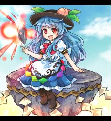 Rule 34 | &gt;:d, 1girl, :d, black hat, blue hair, blue skirt, brown footwear, commentary request, food, frilled skirt, frills, fruit, hat, hat leaf, hinanawi tenshi, keystone, letterboxed, long hair, looking at viewer, open mouth, peach, pote (ptkan), puffy short sleeves, puffy sleeves, red eyes, red neckwear, shirt, short sleeves, skirt, smile, solo, stone, touhou, v-shaped eyebrows, very long hair, white shirt
