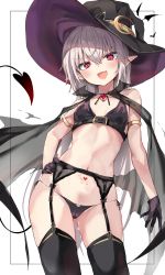 Rule 34 | 1girl, :d, absurdres, bare shoulders, belt, bikini, black bikini, black gloves, black hat, black thighhighs, blush, body writing, breasts, cape, demon tail, demon wings, fang, female focus, garter belt, gloves, hand on own hip, hat, heart, highres, long hair, looking at viewer, navel, open mouth, original, paid reward available, pointy ears, pubic tattoo, red eyes, simple background, skin fang, small breasts, smile, solo, spoken heart, standing, swimsuit, tail, tattoo, thighhighs, toshizou (0714), white background, white hair, wings, witch hat