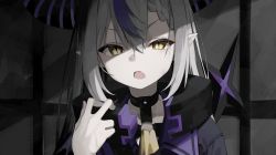 Rule 34 | 1girl, black choker, choker, collar, demon horns, fang, grey hair, hair between eyes, hand up, highres, hololive, horns, la+ darknesss, long hair, looking at viewer, metal collar, multicolored hair, nail polish, o-ring, open mouth, pointy ears, purple hair, purple nails, slit pupils, solo, streaked hair, syhan, virtual youtuber, yellow eyes