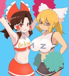 Rule 34 | 2girls, alternate costume, armpits, arms up, benikurage (cookie), black hair, black skirt, blonde hair, bow, breasts, brown hair, cheerleader, closed mouth, clothes writing, commentary request, cookie (touhou), cowboy shot, crop top, facial mark, flat chest, frilled bow, frilled hair tubes, frills, hair bow, hair tubes, hakurei reimu, highres, kirisame marisa, long hair, looking at viewer, madore, mars (cookie), medium hair, midriff, multiple girls, navel, open mouth, parted bangs, pom pom (cheerleading), ponytail, red bow, red eyes, red skirt, ringed eyes, simple background, skirt, small breasts, smile, touhou, wavy mouth, whisker markings, white bow, yellow eyes
