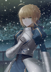 Rule 34 | &gt;:(, 1girl, ahoge, angel31424, aqua eyes, arm at side, armor, armored dress, artoria pendragon (all), artoria pendragon (fate), blonde hair, blue dress, blue ribbon, braid, breastplate, building, closed mouth, cowboy shot, dress, fate/stay night, fate (series), faulds, gauntlets, hair ribbon, hand on own chest, juliet sleeves, long sleeves, looking at viewer, night, night sky, outdoors, puffy sleeves, ribbon, saber (fate), serious, short hair, signature, sky, snowing, solo, v-shaped eyebrows, winter
