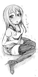 Rule 34 | akino sora, blush, greyscale, have to pee, highres, looking up, monochrome, original, shorts, sitting, tears, thighhighs, trembling