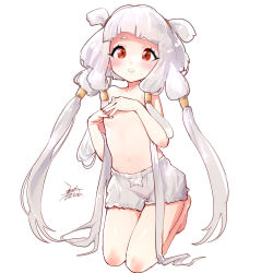 Rule 34 | 1girl, albino, bloomers, blush, chinese commentary, code geass, commentary request, covering privates, covering breasts, dated, ejami, long hair, looking at viewer, open mouth, red eyes, signature, simple background, solo, tianzi, topless, twintails, underwear, white background, white hair