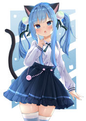 Rule 34 | 1girl, absurdres, animal ears, blue background, blue eyes, blue hair, blue thighhighs, cat ears, cat tail, child, highres, kaya (tyhk7874), nekoha shizuku, open mouth, original, outside border, solo, striped clothes, striped thighhighs, tail, thighhighs, twintails, white background, white thighhighs
