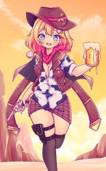 Rule 34 | 1girl, :d, alcohol, animal print, aya chan1221, beer, beer mug, black thighhighs, blonde hair, blue eyes, breasts, brown vest, cleavage, cliff, cloud, cloudy sky, commentary, cow print, cowboy hat, cowboy western, cup, dessert, dual wielding, english commentary, food, gun, hair between eyes, hair ornament, handgun, hat, highres, holding, holding cup, holding gun, holding weapon, hololive, hololive english, holster, jewelry, looking at viewer, mug, necklace, open mouth, pencil skirt, plaid, plaid skirt, pocket watch, red scarf, scarf, shirt, short hair, sidelocks, skirt, sky, sleeves rolled up, smile, solo, standing, standing on one leg, thigh holster, thighhighs, trigger discipline, vest, virtual youtuber, watch, watson amelia, weapon, yellow sky, zettai ryouiki