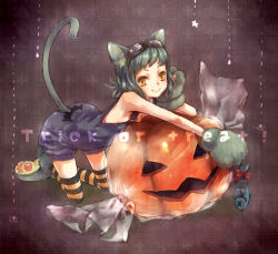 Rule 34 | 1girl, ameiro, animal ears, animal hands, bad id, bad pixiv id, cat ears, cat paws, cat tail, face, fish, gloves, goggles, green hair, halloween, hand on own face, jack-o&#039;-lantern, nekoda (ameiro), original, overalls, paw gloves, pumpkin, short hair, solo, striped clothes, striped thighhighs, tail, thighhighs, trick or treat, yellow eyes