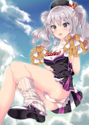 Rule 34 | 10s, 1girl, :d, ass, bad anatomy, blue eyes, breasts, cheerleader, cloud, cloudy sky, crop top, day, eyebrows, fukuda shuushi, highres, kantai collection, kashima (kancolle), long hair, loose socks, medium breasts, open mouth, outdoors, panties, pantyshot, partially visible vulva, pom pom (cheerleading), shoes, silver hair, skirt, sky, smile, socks, solo, thighs, twintails, underwear, wavy hair