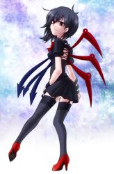 Rule 34 | 1girl, ass, asymmetrical wings, back, black dress, black hair, black thighhighs, bow, breasts, dress, female focus, garter straps, high heels, highres, houjuu nue, idora (idola), kneepits, lace, lace-trimmed legwear, lace trim, light smile, looking at viewer, looking back, puffy short sleeves, puffy sleeves, red eyes, shoes, short dress, short hair, short sleeves, smile, solo, thighhighs, touhou, wings, zettai ryouiki