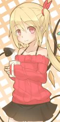 Rule 34 | 1girl, :3, alternate costume, bare shoulders, blonde hair, blush, collarbone, contemporary, cup, demon tail, flandre scarlet, hair ribbon, highres, laevatein, long hair, looking at viewer, mug, ribbed sweater, ribbon, sakurea, side ponytail, skirt, smile, solo, sweater, tail, touhou, wings