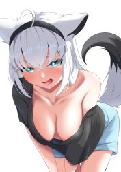 Rule 34 | 1girl, absurdres, ahoge, animal ears, aqua eyes, bent over, black hairband, black shirt, black tail, blue shorts, blush, breasts, collarbone, commentary request, crossed bangs, downblouse, fox ears, fox girl, fox tail, hairband, highres, hololive, large breasts, long hair, looking at viewer, neko-suki kenshuu neko, no bra, off shoulder, open mouth, oversized clothes, oversized shirt, shirakami fubuki, shirakami fubuki (loungewear), shirt, short shorts, short sleeves, shorts, simple background, single bare shoulder, smile, solo, t-shirt, tail, two-tone tail, v arms, virtual youtuber, white background, white hair