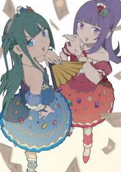 Rule 34 | 2girls, :d, banknote, bare shoulders, blue dress, blue eyes, blue nails, blunt bangs, blush, detached sleeves, dress, falling money, folding fan, from above, gem, green gemstone, green hair, hanazono shuka, hand fan, hand on own hip, hand up, highres, holding, holding fan, idol land pripara, jewelry, kemura (puripurinea), long hair, looking at viewer, looking up, money, multiple girls, nail polish, necklace, one side up, open mouth, ponytail, pretty series, pripara, puffy detached sleeves, puffy sleeves, purple eyes, purple gemstone, purple hair, red dress, red gemstone, sleeveless, sleeveless dress, smile, standing, strapless, strapless dress, tsukikawa chili, v-shaped eyebrows, yellow gemstone