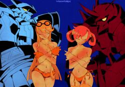 Rule 34 | 2girls, absurdres, alphamon, armor, bare shoulders, black gloves, blonde hair, breasts, cleavage, collarbone, covering breasts, covering privates, digimon, digimon (creature), digimon story: cyber sleuth, digimon story: cyber sleuth - hacker&#039;s memory, eyewear on head, gloves, hand on own chest, highres, kuremi kyouko, large breasts, limited palette, long hair, multiple girls, navel, no bra, omegamon, panties, red hair, scarf, shiramine nokia, simple background, stomach, sunglasses, supermondobeat, thighhighs, topless, twintails, underwear