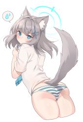 Rule 34 | 1girl, animal ear fluff, animal ears, ass, bad id, bad pixiv id, blue archive, blue eyes, blue necktie, blush, cat ears, cat tail, closed mouth, commentary request, cropped legs, cross hair ornament, earrings, from behind, goyain, grey hair, hair ornament, heart, highres, jewelry, looking at viewer, looking back, medium hair, necktie, no pants, panties, shiroko (blue archive), shirt, simple background, solo, speech bubble, spoken heart, striped clothes, striped panties, tail, underwear, white background, white shirt