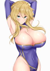 Rule 34 | 1girl, ahoge, armpits, arms up, artoria pendragon (fate), artoria pendragon (lancer) (fate), blonde hair, blue leotard, braid, breasts, cleavage, cleavage cutout, closed mouth, clothing cutout, covered navel, fate/grand order, fate (series), french braid, green eyes, hair between eyes, heattech leotard, highleg, highleg leotard, highres, hip focus, huge breasts, leotard, light smile, looking at viewer, sankakusui, shiny skin, sidelocks, simple background, solo, standing, turtleneck, white background