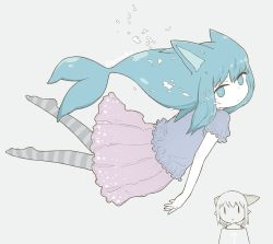 Rule 34 | 2girls, :o, animal ears, artist name, blue eyes, blue hair, blue shirt, bubble, cat ears, chibi, chibi inset, colored skin, diode (0 division), fins, frilled shirt, frilled skirt, frilled sleeves, frills, full body, grey background, grey pantyhose, highres, long hair, looking at viewer, multiple girls, no shoes, original, pantyhose, pink skirt, shirt, short sleeves, sidelocks, simple background, skirt, striped clothes, striped legwear, striped pantyhose, swimming, underwater, white skin, | |