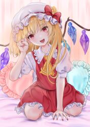 Rule 34 | 1girl, :d, arm support, ascot, bow, crystal, fang, flandre scarlet, flat chest, frilled shirt collar, frills, hand up, happy, hat, hat bow, head tilt, indoors, medium hair, mob cap, nail polish, neko bocchi, on bed, one side up, open mouth, paw pose, pillow, puffy short sleeves, puffy sleeves, red bow, red eyes, red nails, red skirt, red vest, short sleeves, sitting, skirt, skirt set, smile, solo, touhou, vest, wariza, wings, yellow ascot