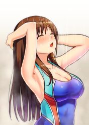 Rule 34 | 10s, 1girl, bare shoulders, blue one-piece swimsuit, breasts, breath, brown hair, cleavage, closed eyes, clothes pull, competition swimsuit, covered navel, highres, idolmaster, idolmaster cinderella girls, idolmaster cinderella girls starlight stage, looking at viewer, nitta minami, one-piece swimsuit, one-piece swimsuit pull, showering, simple background, smile, solo, standing, swimsuit, umihal, upper body, wet, white background