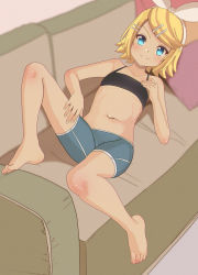 Rule 34 | 1girl, aruman, bad id, bad pixiv id, barefoot, black tank top, blonde hair, blue eyes, blue shorts, bow, brown background, collarbone, commentary, couch, crop top, hair bow, hair ornament, hair ribbon, hairclip, hand on own chest, hand on own thigh, highres, kagamine rin, navel, on couch, pillow, ribbon, short shorts, shorts, solo, stomach, swept bangs, tank top, toes, vocaloid, white ribbon