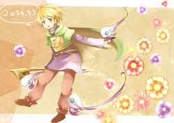 Rule 34 | 10s, 1boy, 2014, alpommeca, blonde hair, brown background, brown footwear, cape, dated, flower, full body, golden sun, green cape, holding, holding staff, ivan (golden sun), looking at viewer, male focus, open mouth, outstretched arm, purple eyes, shoes, staff, standing