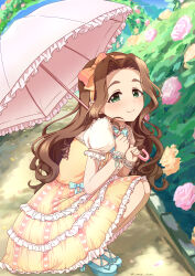 Rule 34 | 1girl, absurdres, blush, brown hair, dress, forehead, frilled dress, frilled umbrella, frills, garden, heart, heart print, highres, holding, holding umbrella, idolmaster, idolmaster cinderella girls, kusakabe wakaba, long hair, looking at viewer, looking to the side, pink umbrella, puffy short sleeves, puffy sleeves, short sleeves, smile, solo, squatting, umbrella, usagichama, very long hair, yellow dress
