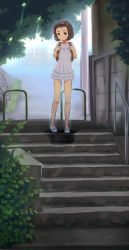 Rule 34 | 1girl, backpack, bag, brown eyes, brown hair, commentary request, dress, forehead, frilled dress, frills, full body, hair ornament, highres, legs, original, outdoors, qm, railing, sandals, short dress, short hair, short sleeves, solo, stairs, toes, tree, white dress