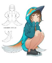 Rule 34 | 1girl, :&gt;, bare legs, bird hood, black footwear, blunt bangs, blush, brown eyes, brown hair, closed mouth, commentary request, feather trim, full body, hands on own cheeks, hands on own face, hood, hood up, hoodie, legs together, long sleeves, looking at viewer, mogumo, no socks, original, shoes, short hair, simple background, smile, sneakers, solo, squatting, translation request, white background