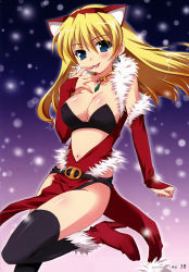 Rule 34 | 1girl, :p, absurdres, animal ears, aqua eyes, black thighhighs, blonde hair, blush, breasts, bustier, captain of the royal guard elina, cat ears, christmas, cleavage, detached sleeves, earrings, elina (queen&#039;s blade), elina (queen's blade), fake animal ears, female focus, high heels, highres, jewelry, large breasts, legs, lingerie, long hair, looking at viewer, navel, necklace, official art, queen&#039;s blade, santa costume, sasahiro, shoes, skindentation, snow, snowing, solo, thighhighs, thighs, tongue, tongue out, underwear