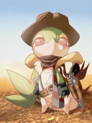 Rule 34 | :&lt;, artist name, azre, belt, black gloves, black scarf, blue sky, brown hat, closed mouth, clothed pokemon, cowboy hat, cowboy western, creatures (company), day, desert, fingerless gloves, full body, game freak, gen 5 pokemon, gloves, gradient background, gun, handgun, hat, highres, holster, looking at viewer, nintendo, no humans, outdoors, pokemon, pokemon (creature), red eyes, revolver, scar, scar across eye, scar on face, scarf, shiny skin, signature, sky, slit pupils, snivy, solo, standing, weapon