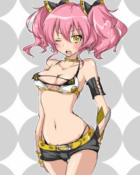 Rule 34 | 10s, 1girl, bad id, bad pixiv id, blush, breasts, cleavage, eyelashes, g-string, idolmaster, idolmaster cinderella girls, jougasaki mika, midriff, navel, one eye closed, open mouth, panties, patterned background, pink hair, solo, syno, thong, twintails, underwear, wink, yellow eyes