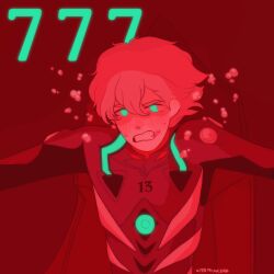 Rule 34 | 1boy, air bubble, artist name, bad id, bad twitter id, bodysuit, bubble, clenched teeth, commentary, english commentary, glowing, glowing eyes, highres, looking at viewer, male focus, nagisa kaworu, neon genesis evangelion, open mouth, outstretched arms, pilot suit, plugsuit, red theme, short hair, solo, spread arms, teeth, upper body, vitamincera