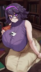 Rule 34 | 1girl, bare shoulders, beige skirt, blurry, blurry background, book, breasts, closed mouth, creatures (company), game freak, glasses, hex maniac (pokemon), highres, holding, holding book, huge breasts, indoors, kneeling, library, long skirt, looking at viewer, nintendo, pokemon, pokemon xy, purple eyes, purple hair, purple vest, short hair, silver queen (silverqueen0), sketch, skirt, sleeveless, smile, solo, turtleneck, vest