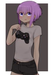 Rule 34 | 1girl, black shorts, blush, dark-skinned female, dark skin, fate/prototype, fate/prototype: fragments of blue and silver, fate (series), grey shirt, hair between eyes, hand up, hassan of serenity (fate), highres, i.u.y, parted lips, playstation controller, print shirt, purple eyes, purple hair, shirt, short hair, short shorts, short sleeves, shorts, sidelocks, smile, solo