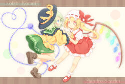 Rule 34 | 22m, 2girls, ascot, black headwear, blonde hair, blouse, blue eyes, bobby socks, bow, brown background, brown footwear, character name, closed mouth, collared shirt, eye contact, flandre scarlet, frilled shirt collar, frilled skirt, frilled sleeves, frills, full body, green hair, green skirt, hat, hat bow, hat ribbon, heart, heart of string, interlocked fingers, komeiji koishi, long hair, long sleeves, looking at another, mary janes, medium hair, mob cap, multicolored wings, multiple girls, one side up, open mouth, puffy short sleeves, puffy sleeves, red bow, red eyes, red footwear, red ribbon, red skirt, red vest, ribbon, ribbon-trimmed headwear, ribbon trim, shirt, shoes, short sleeves, simple background, skirt, skirt set, socks, third eye, touhou, vest, white headwear, white socks, wide sleeves, wings, yellow ascot, yellow bow, yellow ribbon, yellow shirt