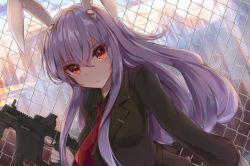Rule 34 | 1girl, animal ears, blazer, blouse, breasts, city, cityscape, gun, holding, holding weapon, jacket, light purple hair, long hair, looking at viewer, medium breasts, meuneyu, necktie, outdoors, rabbit ears, red eyes, red necktie, reisen udongein inaba, shirt, solo, touhou, very long hair, weapon