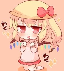Rule 34 | 1girl, aged down, bad id, bad pixiv id, blonde hair, bobby socks, chestnut mouth, child, drooling, flandre scarlet, hat, kindergarten, kindergarten uniform, mashiro miru, outstretched hand, pink shirt, pointy ears, red eyes, school hat, shirt, side ponytail, skirt, socks, solo, sparkle, touhou, wings
