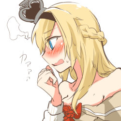 Rule 34 | 10s, 1girl, bare shoulders, blonde hair, blue eyes, blush, bow, braid, crown, french braid, hairband, kantai collection, long hair, lowres, rebecca (keinelove), solo, warspite (kancolle), white background