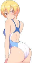 Rule 34 | 1girl, arms behind back, ass, blonde hair, breasts, commentary request, competition swimsuit, cowboy shot, highres, idolmaster, idolmaster shiny colors, looking at viewer, medium breasts, neng (user fyxc8875), one-piece swimsuit, purple eyes, saijo juri, short hair, simple background, solo, standing, swimsuit, thigh gap, two-tone swimsuit, white background, white one-piece swimsuit