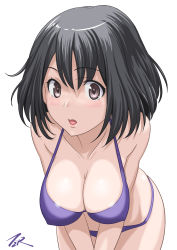 Rule 34 | 1girl, artist name, bent over, bikini, black hair, breasts, brown eyes, cleavage, collarbone, commentary request, cowboy shot, haguro (kancolle), highres, kantai collection, large breasts, looking at viewer, purple bikini, short hair, simple background, solo, swimsuit, t2r, white background