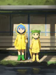 2girls absurdres blue_eyes blue_hair boots bus_stop cane cross cross_necklace crossover green_eyes green_footwear green_hair highres holding holding_cane holding_umbrella hood hood_down hood_up jewelry jubilee_2025 koiwai_yotsuba labuyoi latin_cross looking_at_viewer luce_(jubilee_2025) mud multiple_girls necklace quad_tails raincoat rosary rubber_boots shadow short_hair smile standing umbrella yellow_footwear yellow_raincoat yellow_umbrella yotsubato!