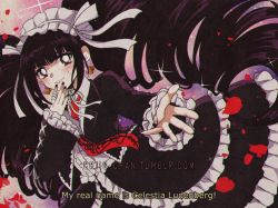 Rule 34 | 1990s (style), 1girl, artist name, bell sleeves, big hair, black dress, black hair, black nails, blunt bangs, blush, celestia ludenberg, claw ring, commentary, criis-chan, danganronpa: trigger happy havoc, danganronpa (series), dress, drill hair, dutch angle, earrings, english commentary, english text, film grain, frilled dress, frilled hairband, frills, gothic lolita, hairband, hand on own face, jewelry, layered dress, lolita fashion, nail polish, neck ribbon, necktie, outstretched hand, petals, red eyes, red neckwear, retro artstyle, ribbon, shaded face, shirt, sidelocks, solo, sparkle, spoilers, sweat, tumblr username, v-shaped eyebrows, vhs artifacts, watermark, web address, white hairband, white ribbon, white shirt
